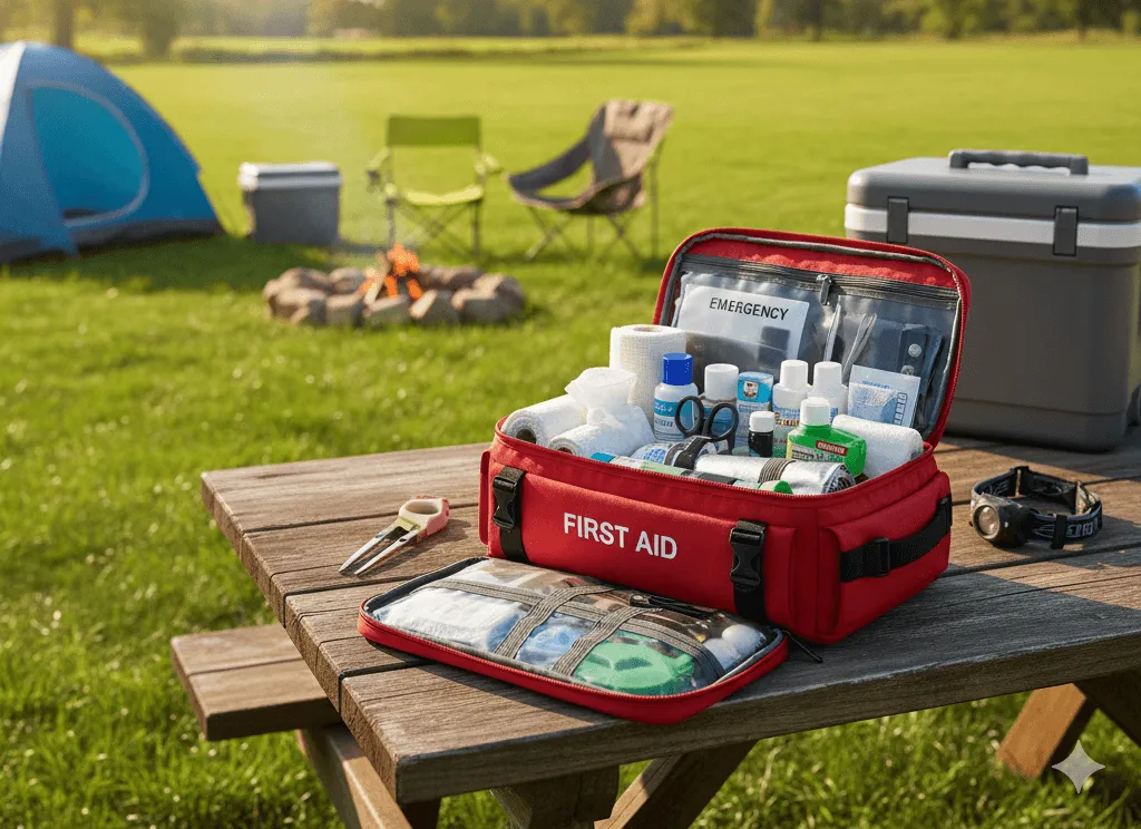 A well organized camping first aid kit open on a wooden table.